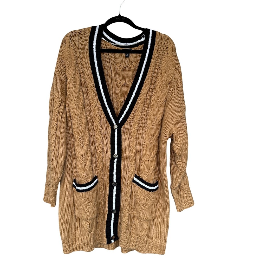Torrid Sweater Womens 2X Tan Cable Knit Long Cardigan Black White Trim Pocket